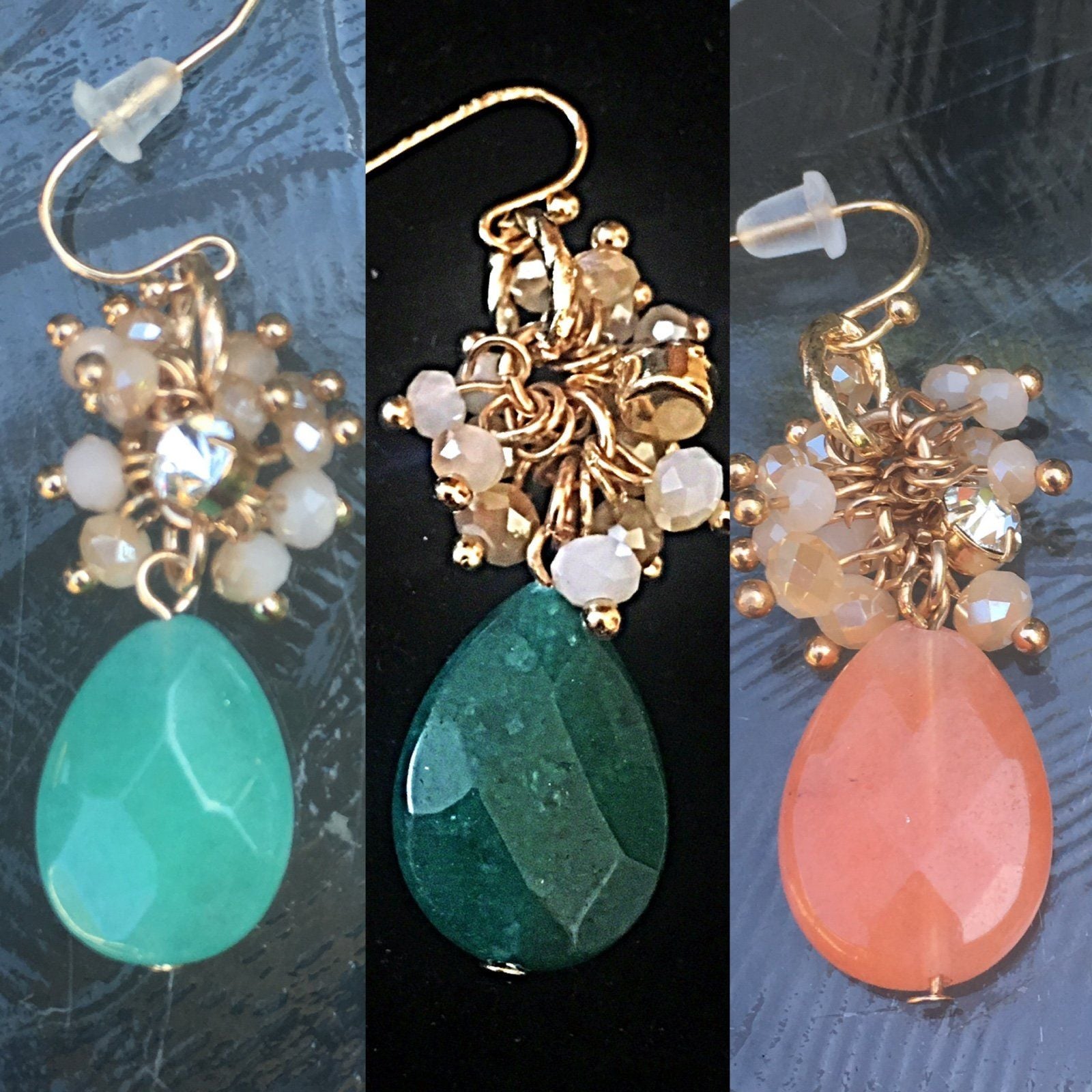 Cluster Teardrop Earrings- Hunter Green & Beige 5