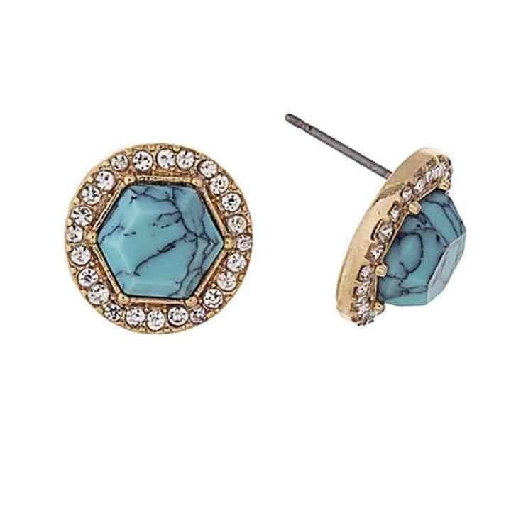 Gold Tone Hexagon & Rhinestone Halo Post Earrings- Turquoise 2