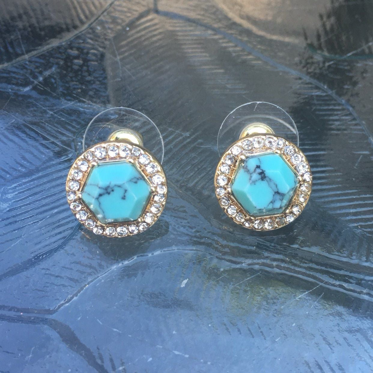 Gold Tone Hexagon & Rhinestone Halo Post Earrings- Turquoise 3