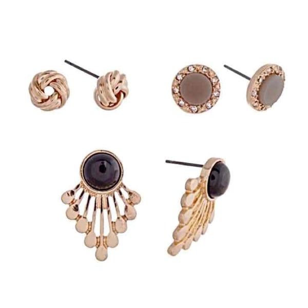 Gold Tone Fan/Knot/Button Earring Trio- Black & Gray