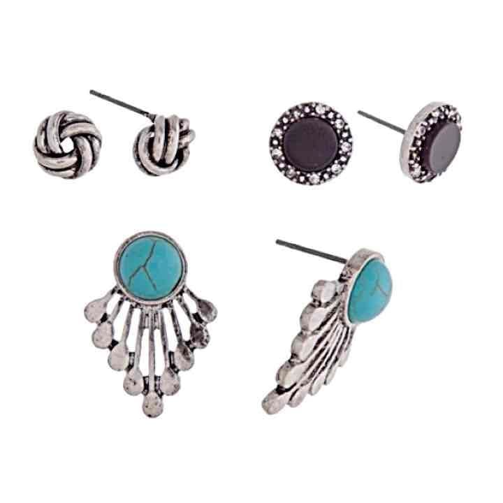 Silver Tone Fan/Knot/Button Earring Trio- Black & Turquoise 1