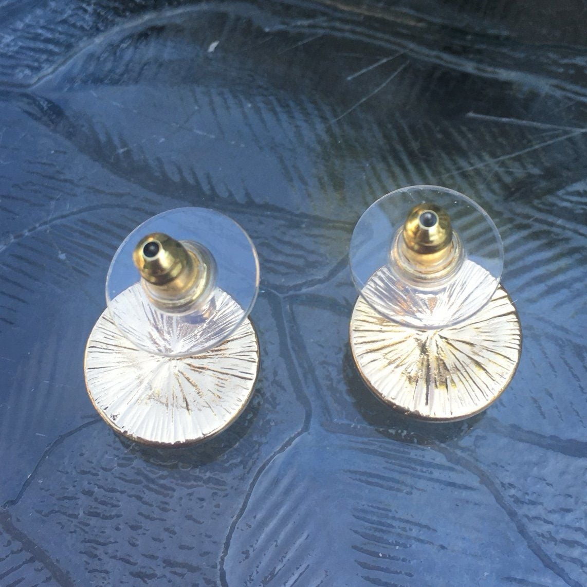Gold Tone Hexagon & Rhinestone Halo Post Earrings- Turquoise 4