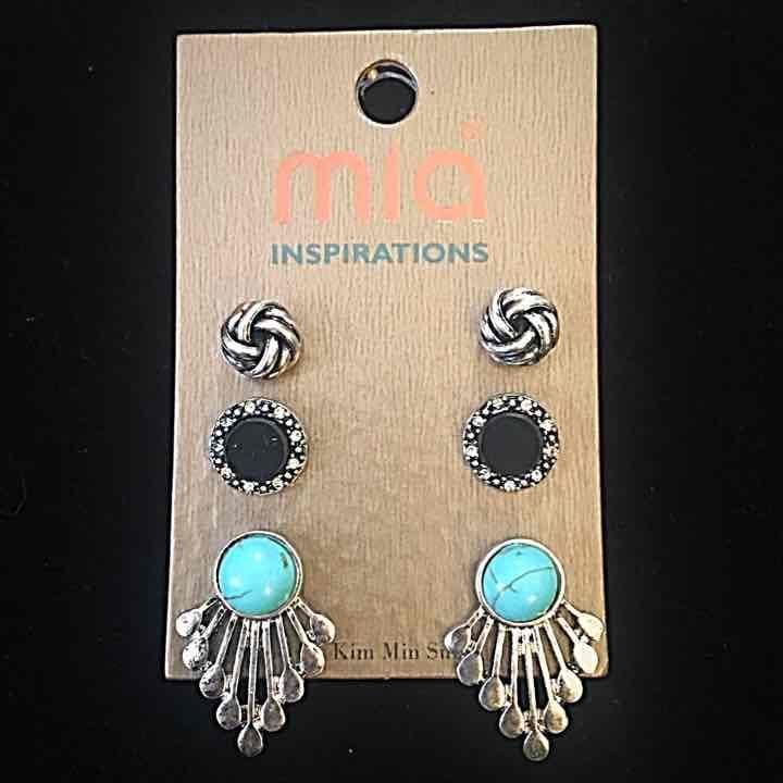 Silver Tone Fan/Knot/Button Earring Trio- Black & Turquoise 2