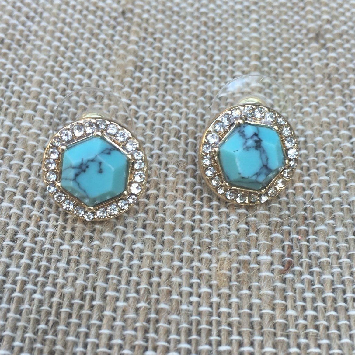 Gold Tone Hexagon & Rhinestone Halo Post Earrings- Turquoise 5