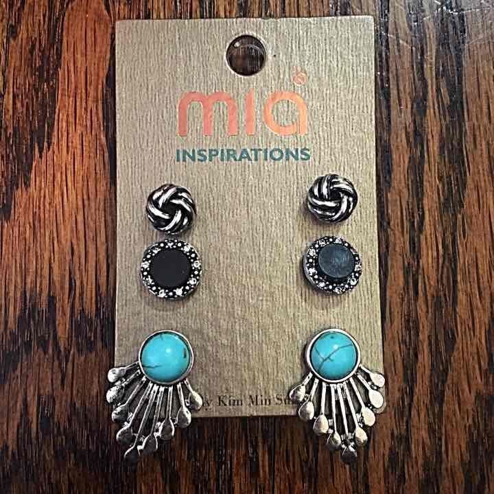 Silver Tone Fan/Knot/Button Earring Trio- Black & Turquoise 3