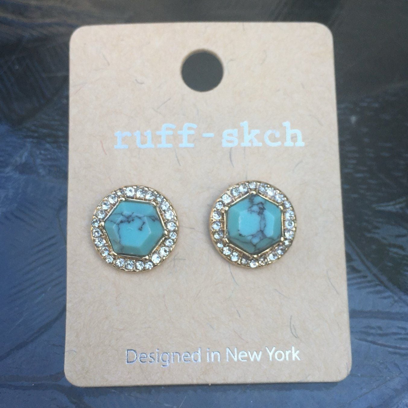 Gold Tone Hexagon & Rhinestone Halo Post Earrings- Turquoise 6