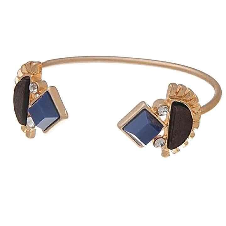 Dainty Blue and Brown Wood Geometric Cuff Bracelet 2