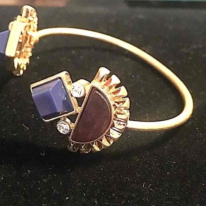 Dainty Blue and Brown Wood Geometric Cuff Bracelet 4