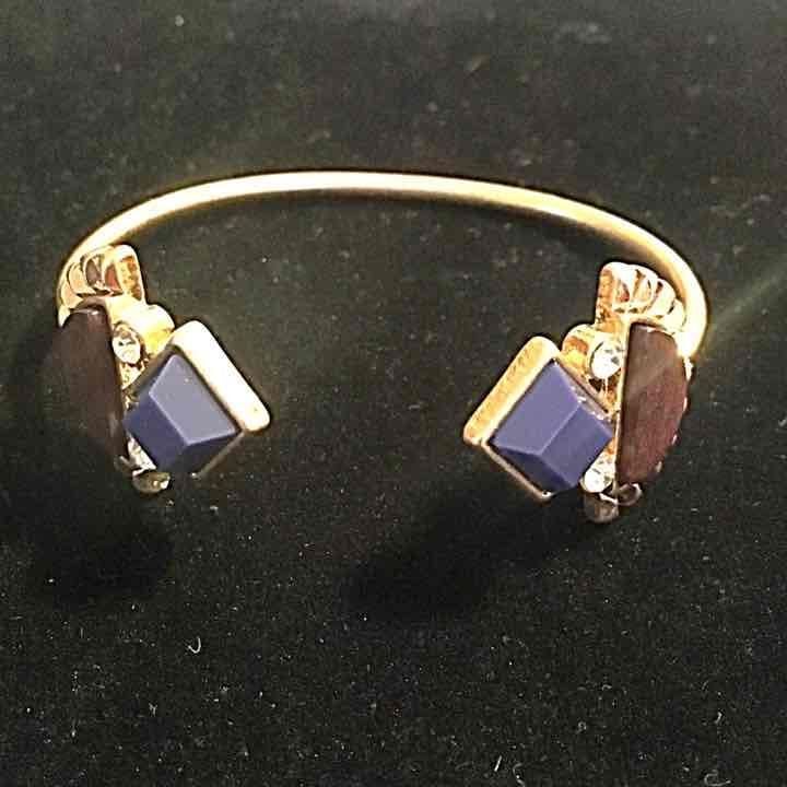 Dainty Blue and Brown Wood Geometric Cuff Bracelet 5