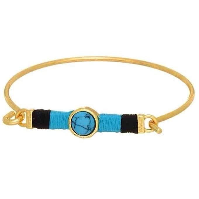 Gold Tone Threaded Bar & Stone Latch Bangle Bracelet- Turquoise & Black 2