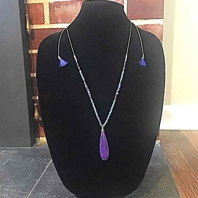 Beaded Teardrop & Tassels Necklace- Royal Blue 3