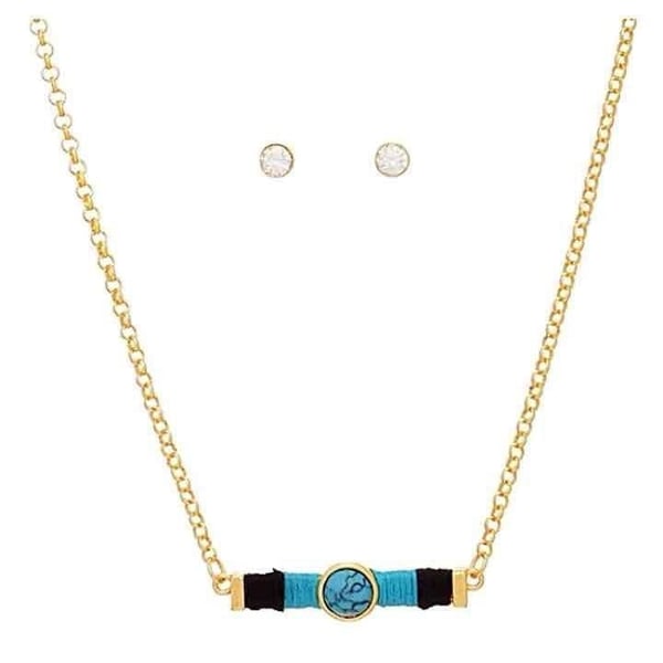 Gold Tone Threaded Bar Necklace Set- Turquoise & Black