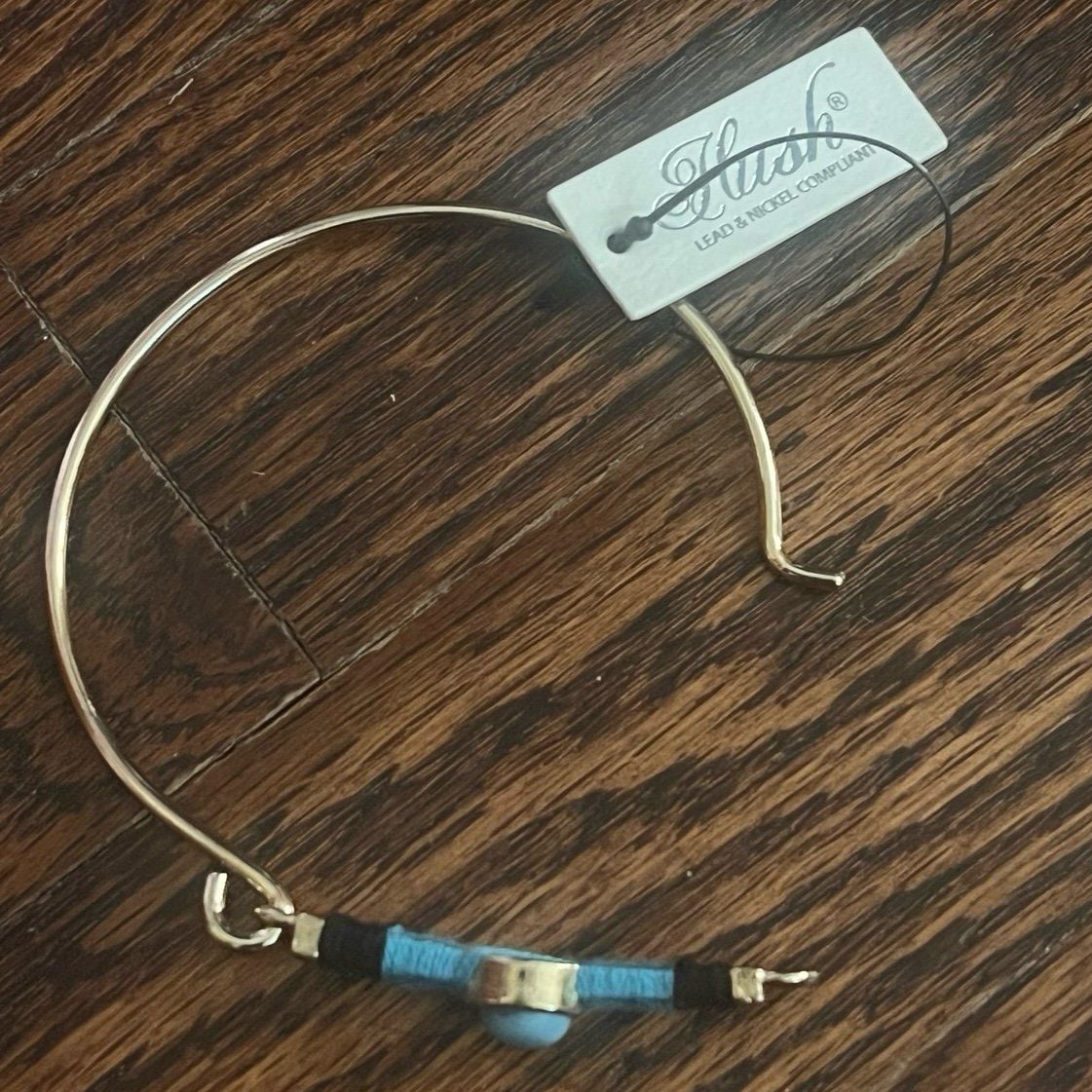 Gold Tone Threaded Bar & Stone Latch Bangle Bracelet- Turquoise & Black 6