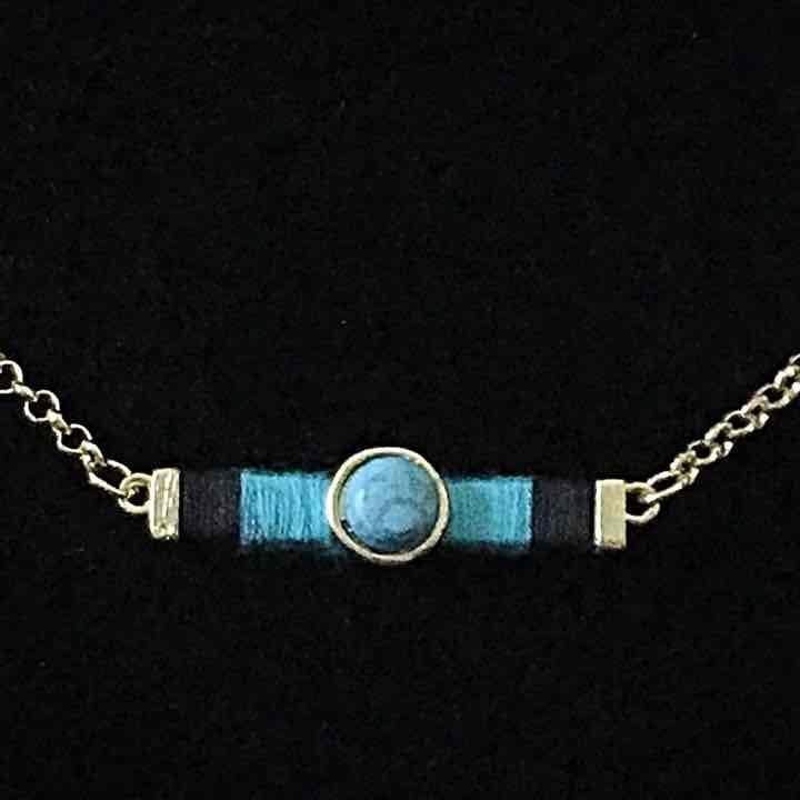 Gold Tone Threaded Bar Necklace Set- Turquoise & Black 3