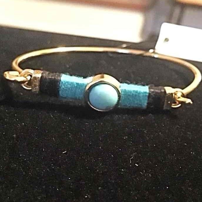Gold Tone Threaded Bar & Stone Latch Bangle Bracelet- Turquoise & Black 7