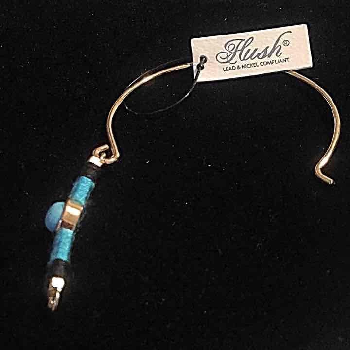 Gold Tone Threaded Bar & Stone Latch Bangle Bracelet- Turquoise & Black 9