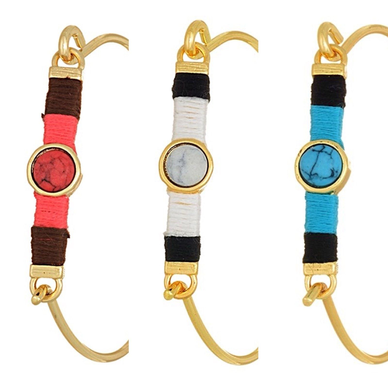 Gold Tone Threaded Bar & Stone Latch Bangle Bracelet- Turquoise & Black 10