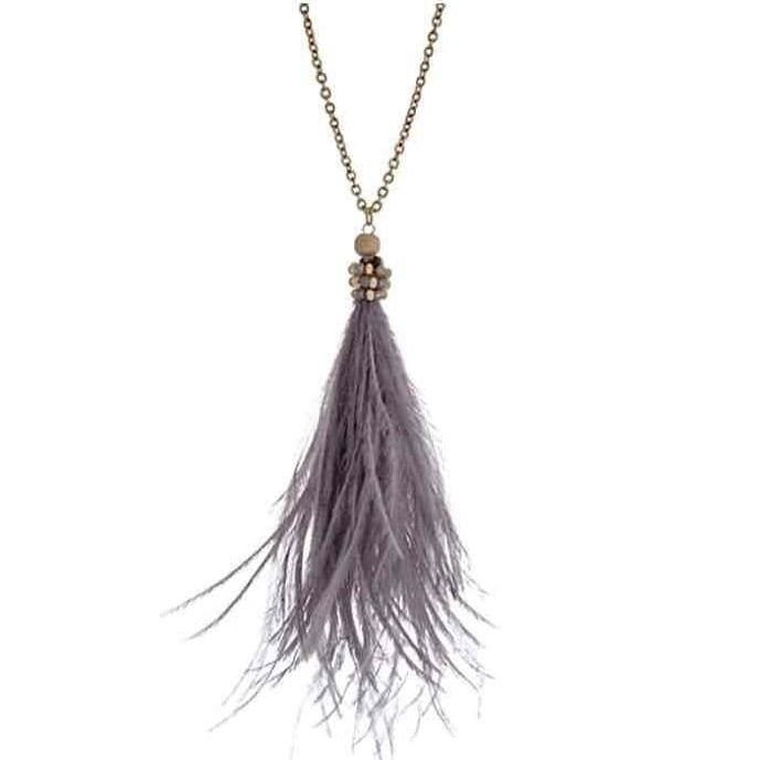 Beaded Feather Tassel Pendant Necklace- Gray 2