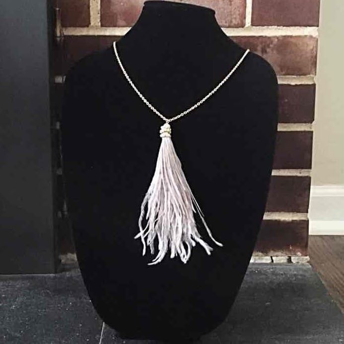 Beaded Feather Tassel Pendant Necklace- Gray 3