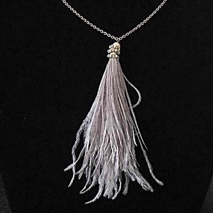 Beaded Feather Tassel Pendant Necklace- Gray 4