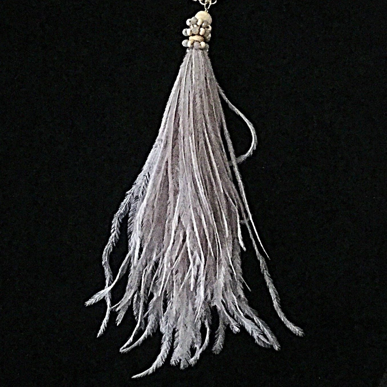 Beaded Feather Tassel Pendant Necklace- Gray 5