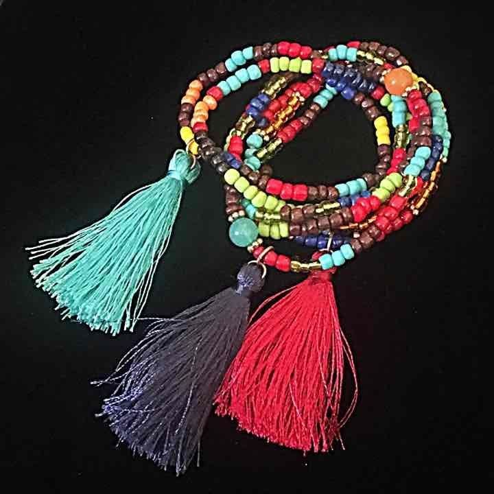 Bold Color Beads & Tassels Stretch Bracelet Set 2
