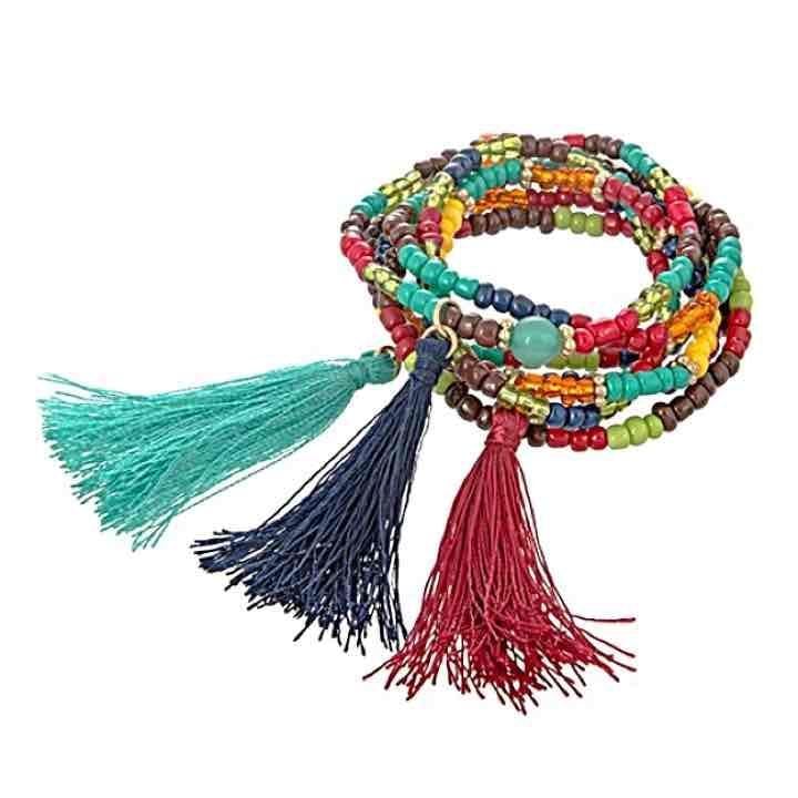 Bold Color Beads & Tassels Stretch Bracelet Set 5