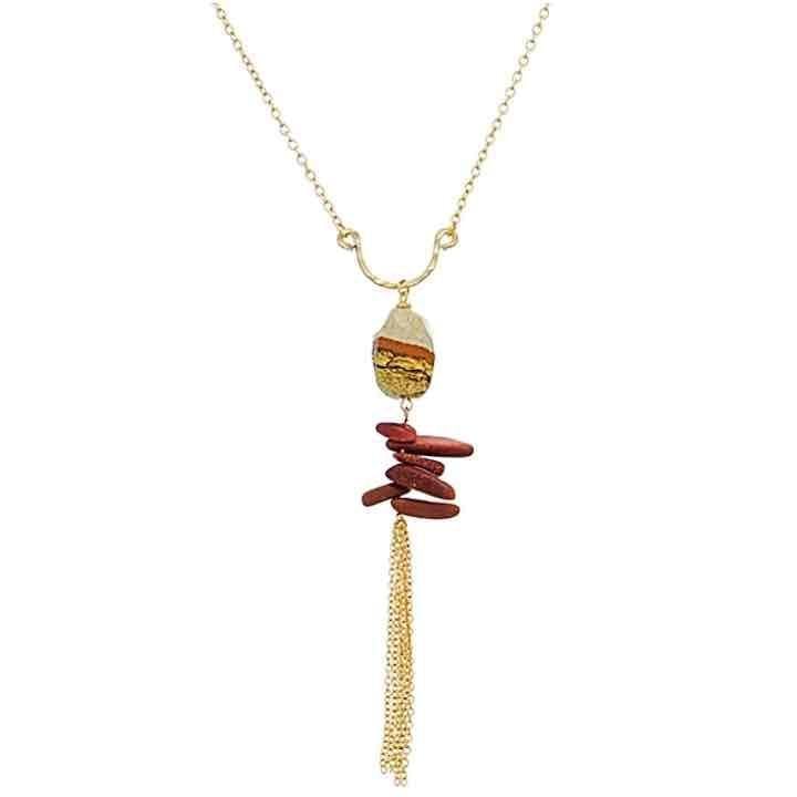 Gold Tone Stones & Chain Tassel Necklace- Beige/Brown & Rust 2
