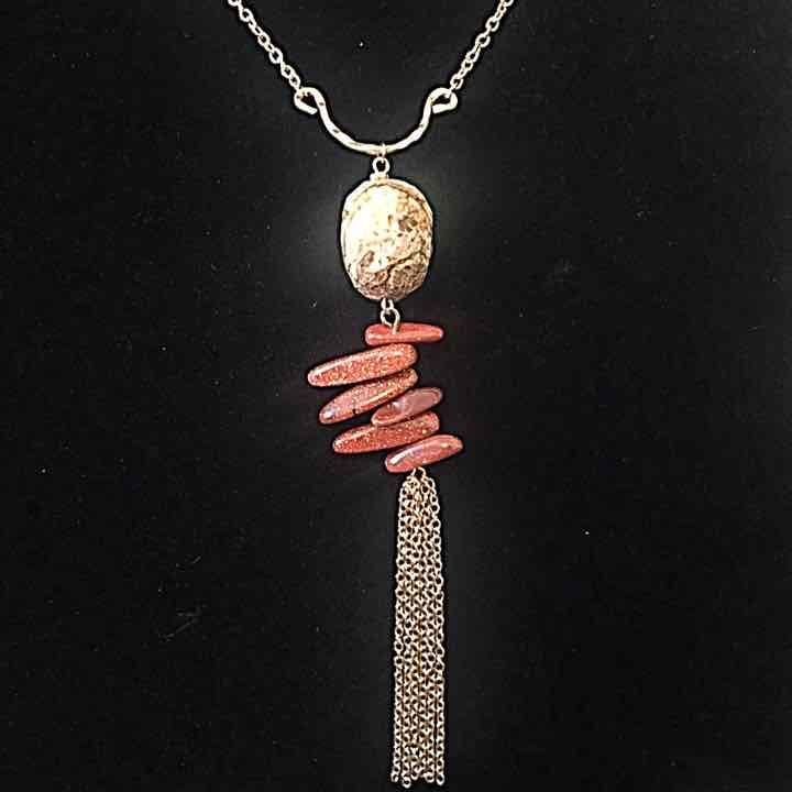 Gold Tone Stones & Chain Tassel Necklace- Beige/Brown & Rust 4