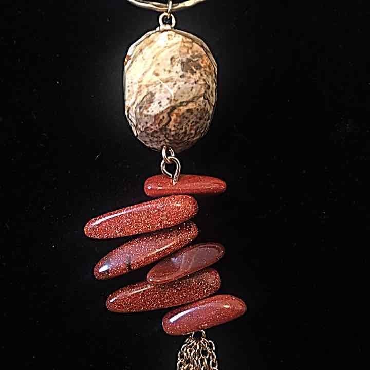 Gold Tone Stones & Chain Tassel Necklace- Beige/Brown & Rust 5