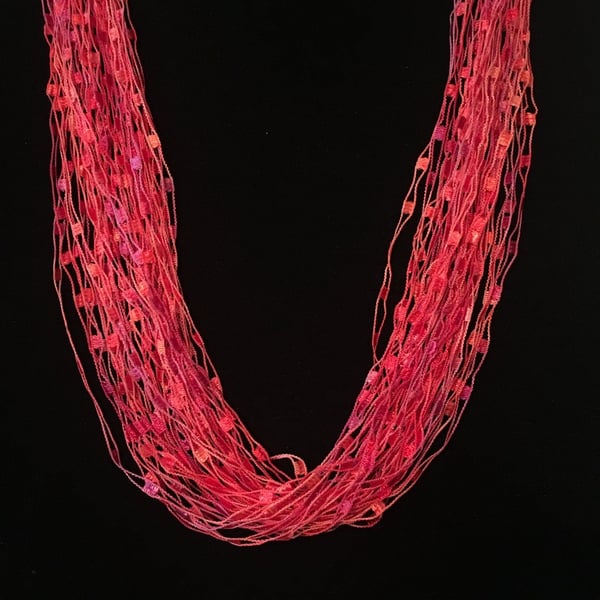Layered Thread Necklace- Red/Pink/Orange