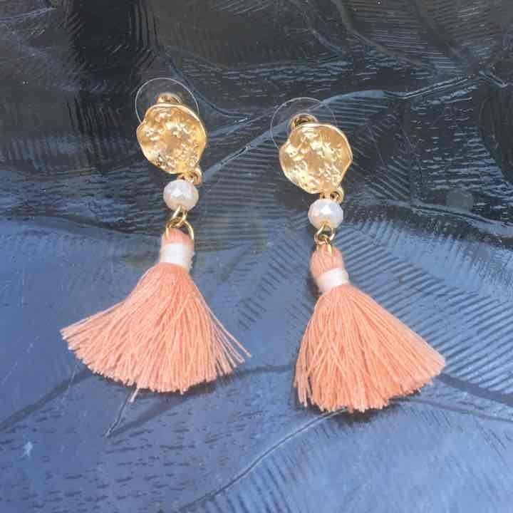Gold Tone Tassel Earrings- Peach & Cream 2