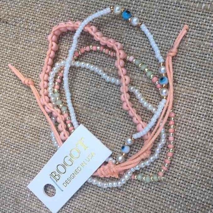 Peach & White Beaded Stretch Bracelet Set 2