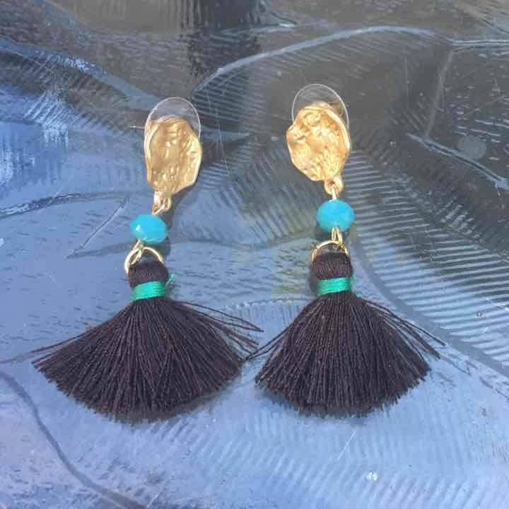 Gold Tone Tassel Earrings- Brown & Turquoise 2