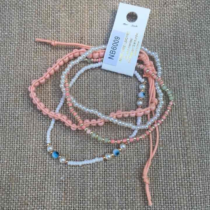 Peach & White Beaded Stretch Bracelet Set 3