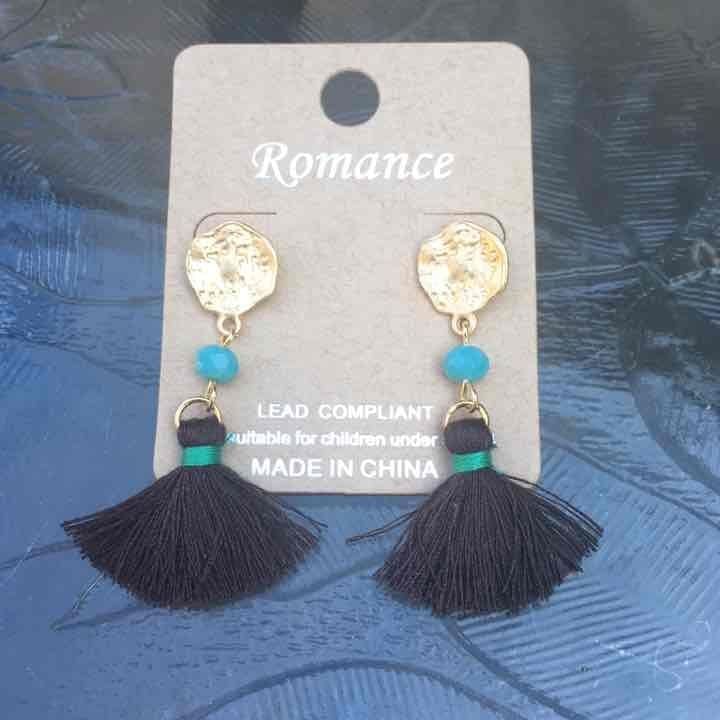 Gold Tone Tassel Earrings- Brown & Turquoise 3