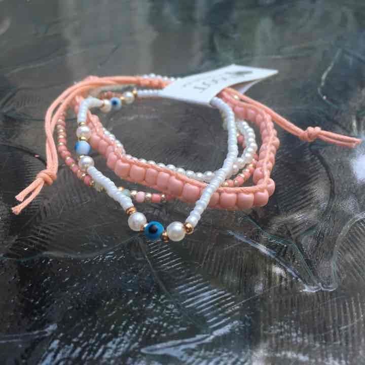 Peach & White Beaded Stretch Bracelet Set 4