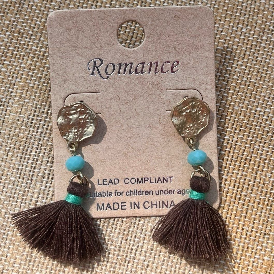 Gold Tone Tassel Earrings- Brown & Turquoise 4