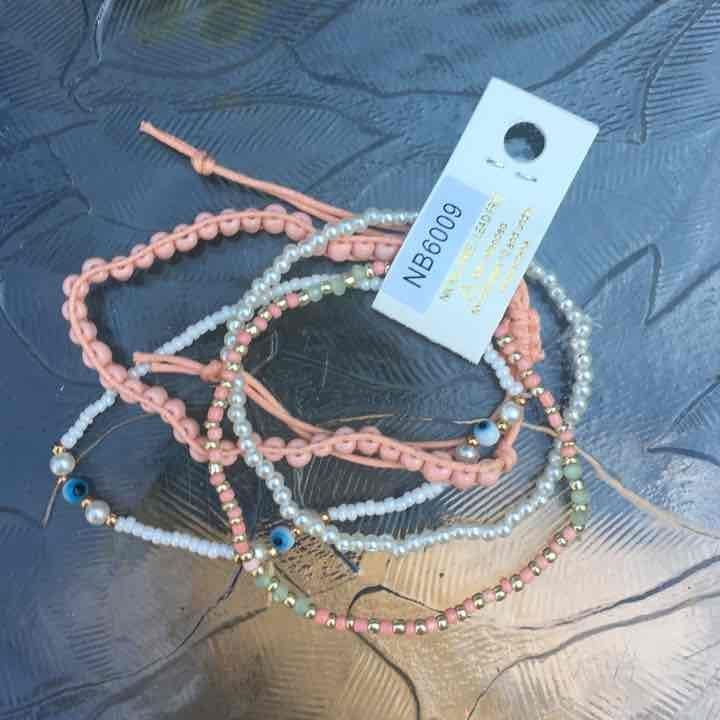Peach & White Beaded Stretch Bracelet Set 5