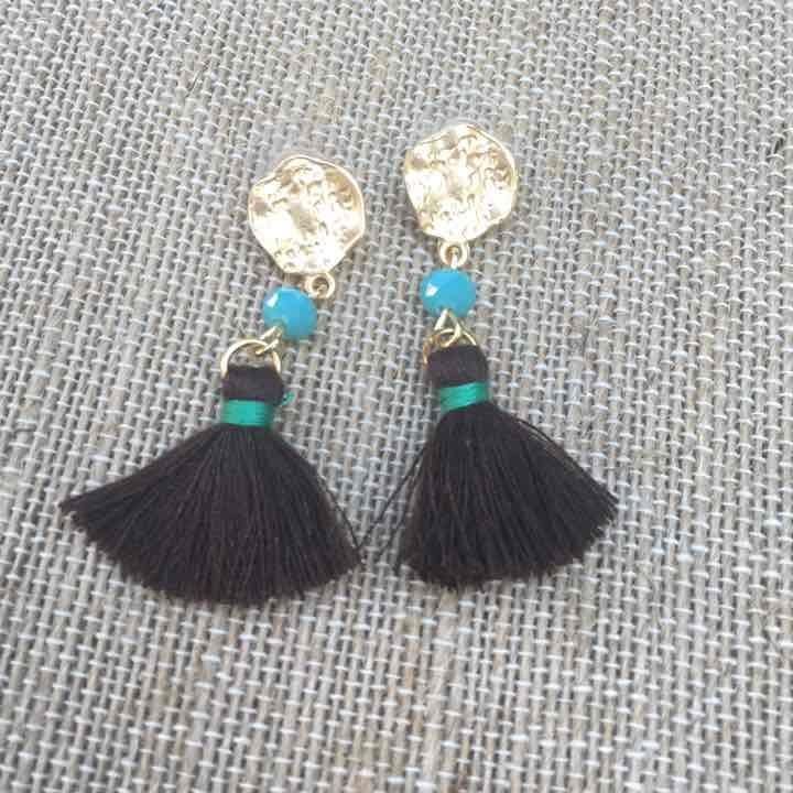 Gold Tone Tassel Earrings- Brown & Turquoise 5