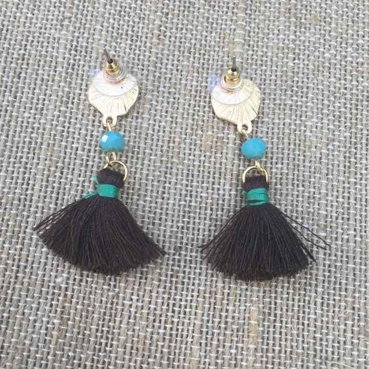 Gold Tone Tassel Earrings- Brown & Turquoise 6