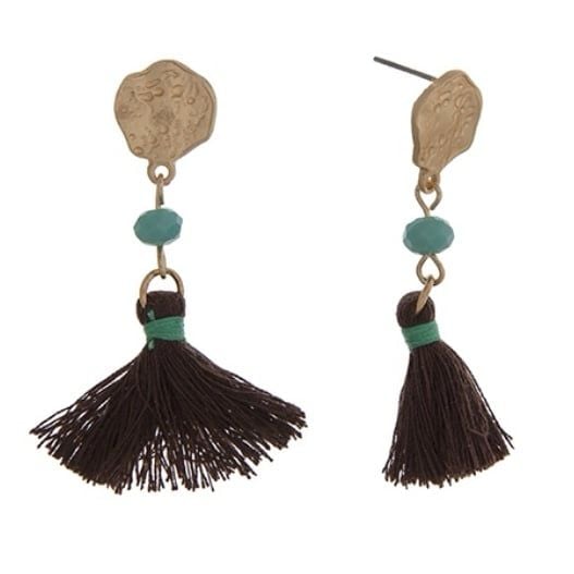 Gold Tone Tassel Earrings- Brown & Turquoise 7
