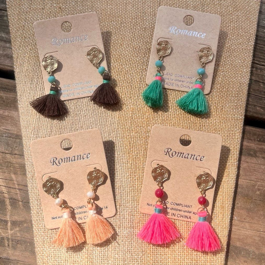 Gold Tone Tassel Earrings- Brown & Turquoise 8