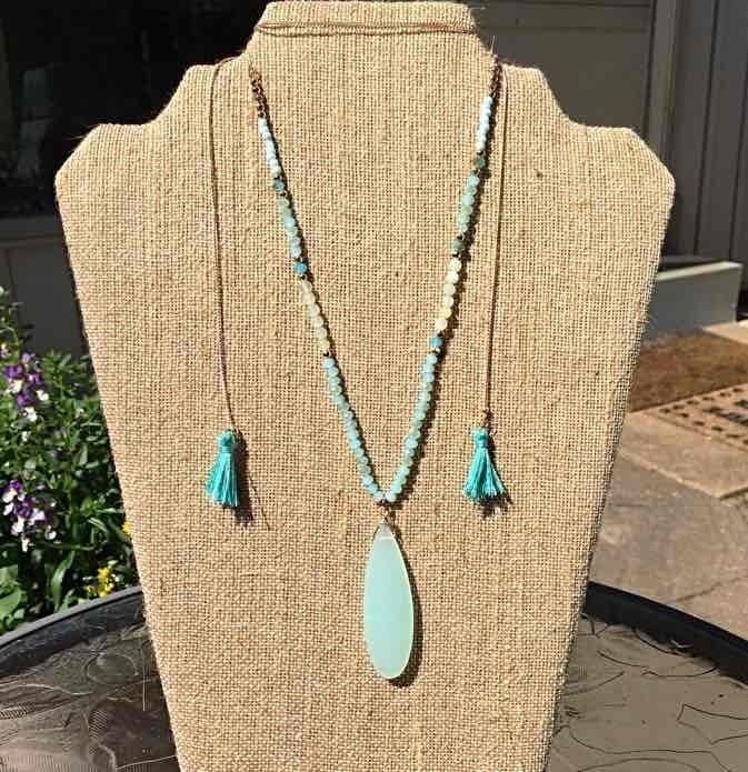 Beaded Teardrop & Tassels Necklace- Light Blue & Turquoise 2