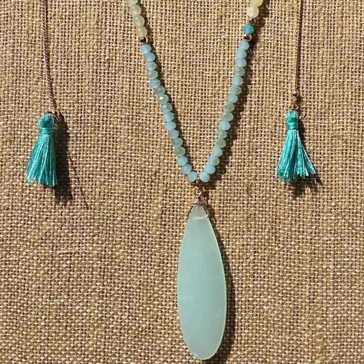 Beaded Teardrop & Tassels Necklace- Light Blue & Turquoise 3