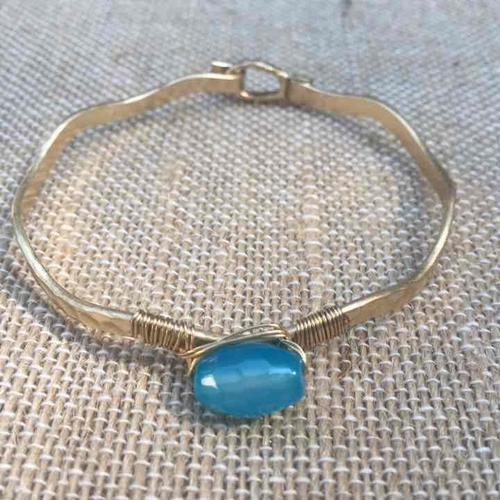 Gold Tone Wavy Latch Bangle- Turquoise 4