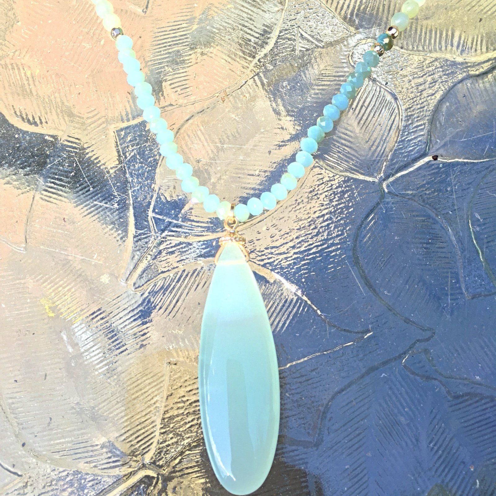 Beaded Teardrop & Tassels Necklace- Light Blue & Turquoise 6