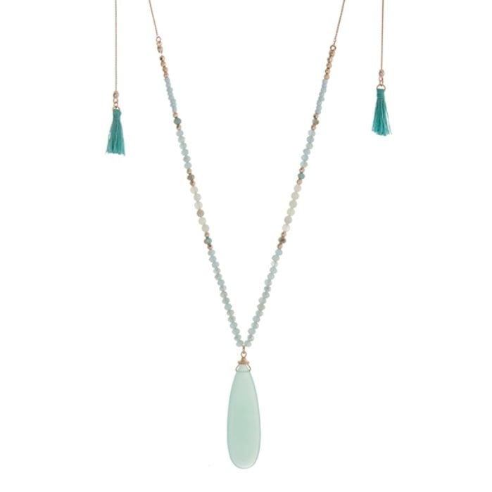 Beaded Teardrop & Tassels Necklace- Light Blue & Turquoise 7