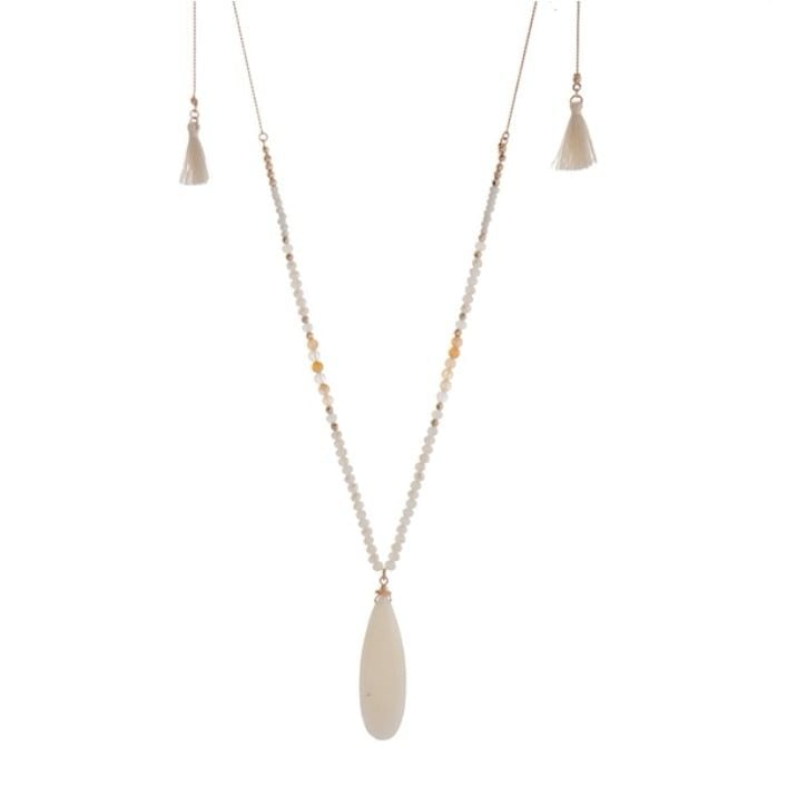 Beaded Pendant & Tassels Necklace- Ivory 6
