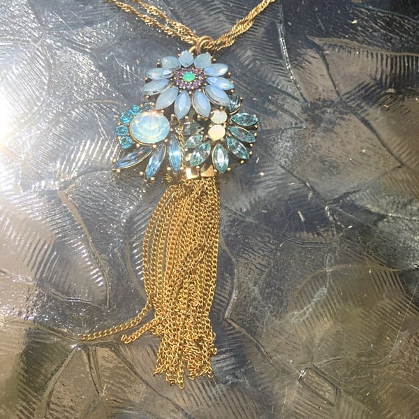 Flower Pendant Tassel Necklace Set- Light Blue & Turquoise